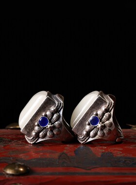 古玩杂项收藏老银藏银镶嵌白玉戒指首饰老古玉戒面烤蓝开口玉戒指