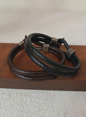 简约复古牛皮绳手链做旧金属扣