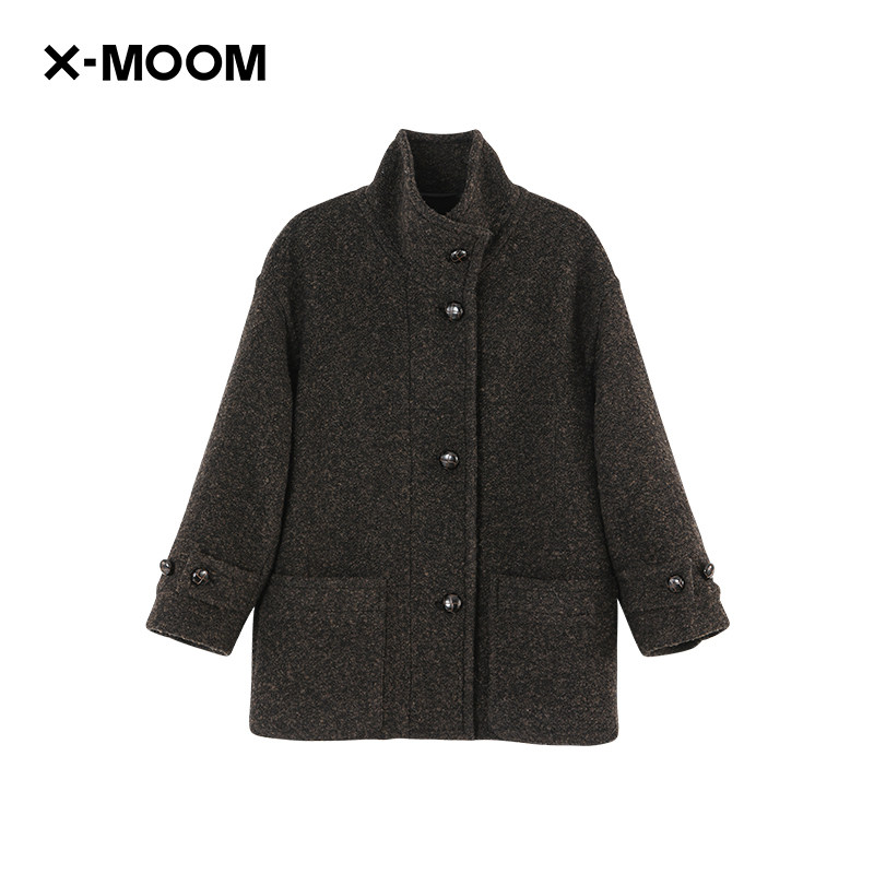 【商场同款】X--MOOM冬季新款绵羊毛大口袋宽松立领呢外套女,淘宝优惠券,粉丝福利购,淘宝优惠卷