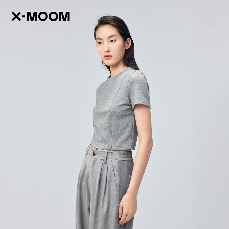 【商场同款】X--MOOM春季新款设计感小众可露肩拉链修身短袖T恤女-图1