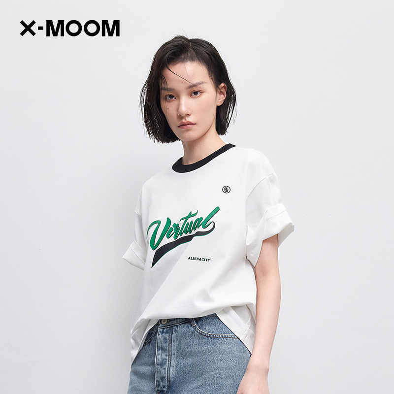 【商场同款】X--MOOM夏季新款撞色美式印花oversize圆领短袖T恤女-图2