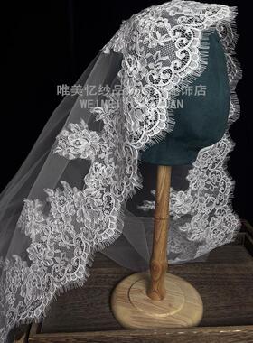 新款复古睫毛蕾丝包头头纱单层影楼写真新娘造型头饰白色结婚配件
