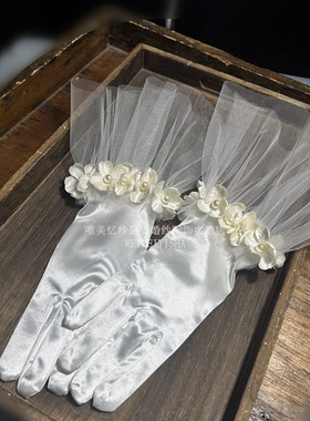 新款婚纱超仙手套白色缎面花瓣