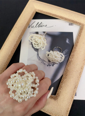 女复古婚纱夸张手工珍珠花朵戒指