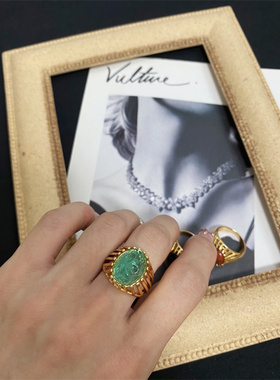 女镀真金镂空天然石琉璃戒指包邮