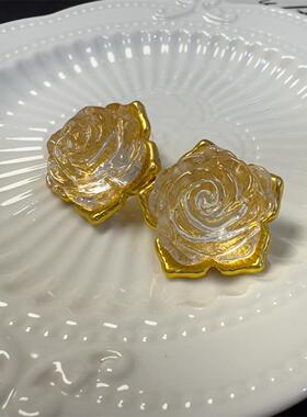满50包邮 1984 复古Vintage宫廷风金属巴洛克黄色立体玫瑰花耳钉