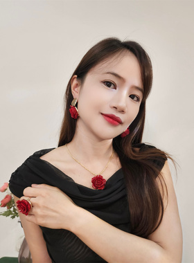 复古红色玫瑰花耳环开口戒指项链