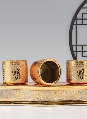 仙家酒杯祖先财神关公土地酒杯招财进宝沙金三连杯带底座佛堂摆件