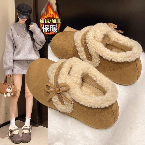 品牌羊羔绒勃肯鞋女2025冬新款魔术贴豆豆鞋加绒加厚内增高毛毛鞋 - 图0
