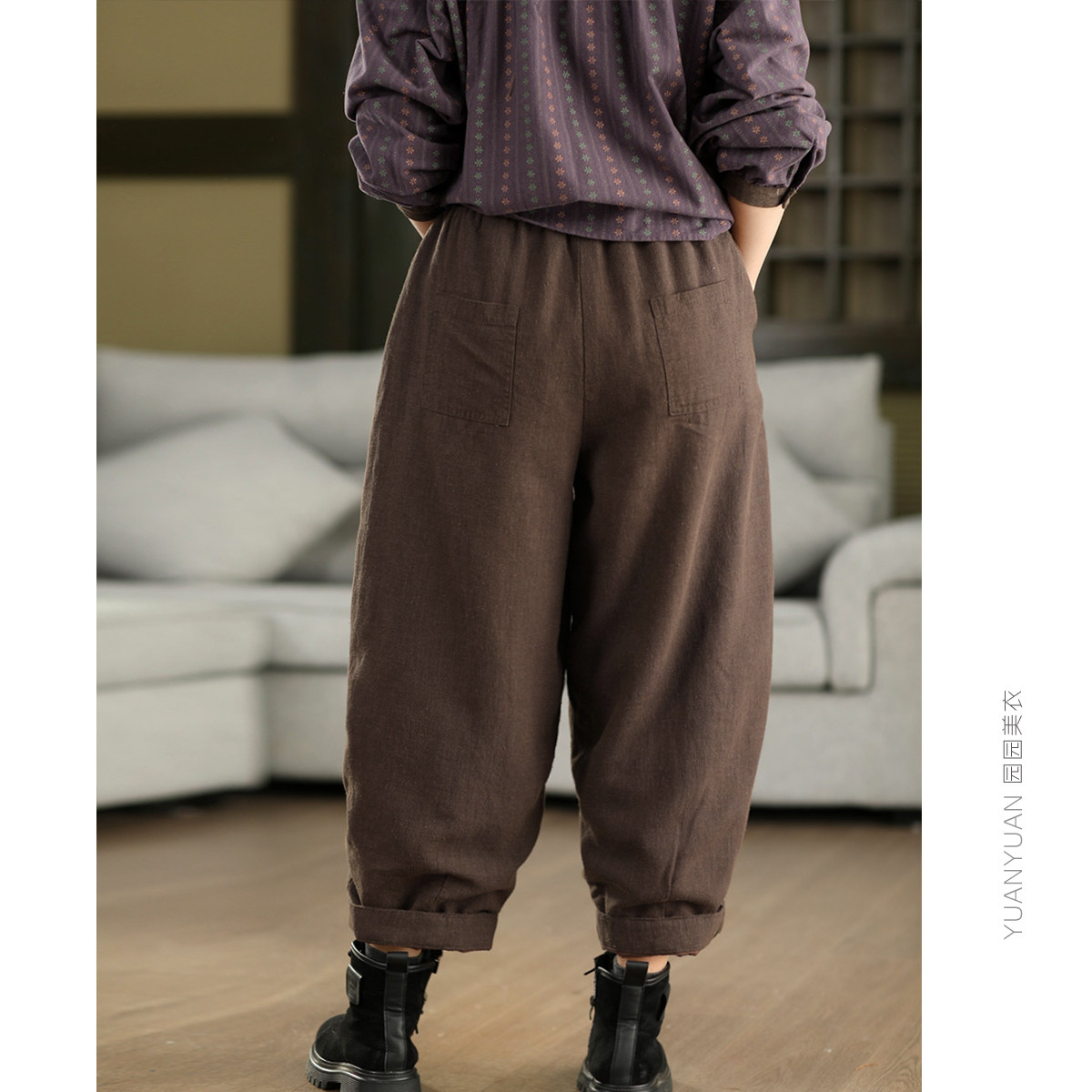 园园美衣冬季复古砂洗100%苎麻夹棉棉裤女哈伦裤加厚保暖麻裤长裤,淘宝优惠券,粉丝福利购,淘宝优惠卷