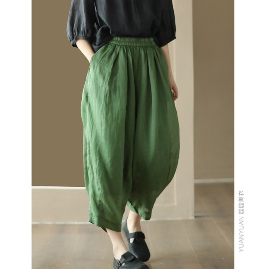 新款复古炒色苎麻灯笼裤女全棉内衬砂洗哈伦裤薄款显瘦宽松麻裤
