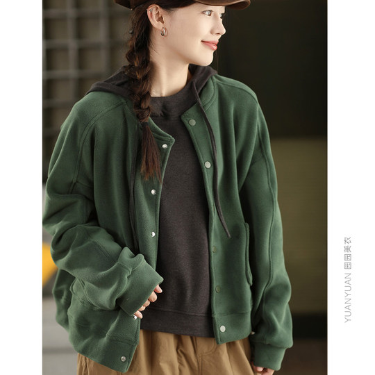 园园美衣秋冬加厚卫衣外套女双面奥利绒外搭圆领单排扣开衫上衣