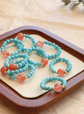 新中式国风菱镁矿小绿松石戒指弹力小众复古南红珍珠蜜蜡指环手饰