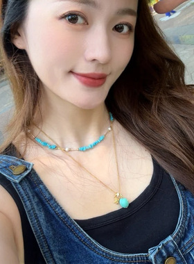 屁桃绿松石水贝黄金同款叠戴项链女锁骨链轻奢时尚小众高级感颈链