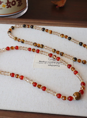 新中式天然虎眼石手链水晶女款轻奢双圈精致红玛瑙圣诞新年红手串