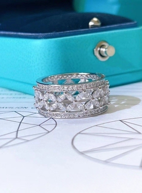 新款法式轻奢时尚镶锆石宽戒指时尚镂空花朵百搭气质指环特价促销