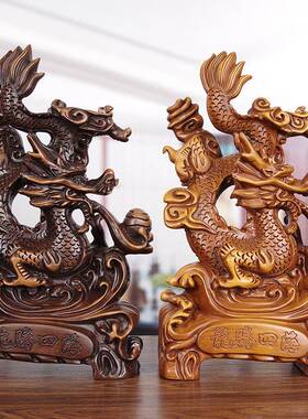 实木雕招财龙摆件木质镇宅生肖青龙客厅办公室桌装饰公司开业送礼