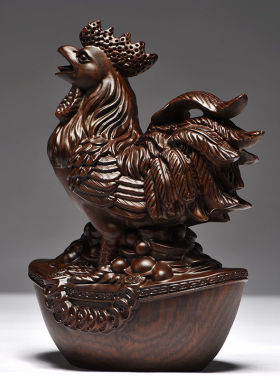 黑檀木雕鸡摆件三合十二生肖实木鸡家居客厅办公装饰开业乔迁送礼