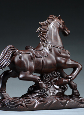 黑檀木雕马摆件生肖马到成功红实木质祥云桌面店铺装饰工艺礼品