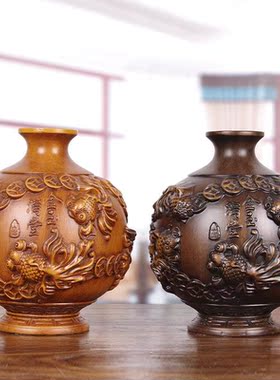 实木雕花瓶摆件富贵平安金玉满堂中式客厅电视柜装饰新家乔迁礼品