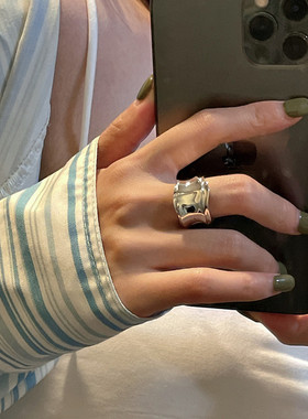 S925纯银时尚重工质感韩系波浪戒指INS风简约复古个性指环