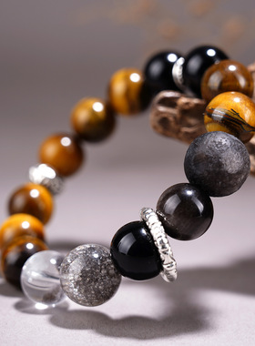批发天然黄虎眼石银曜石星球手链黑闪灵大颗粒原创男女情侣款手串