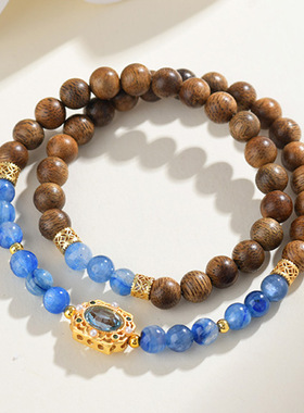 批发沉香木蓝晶石双圈原创手链唯美时尚新中式佛珠文玩新爆款手串