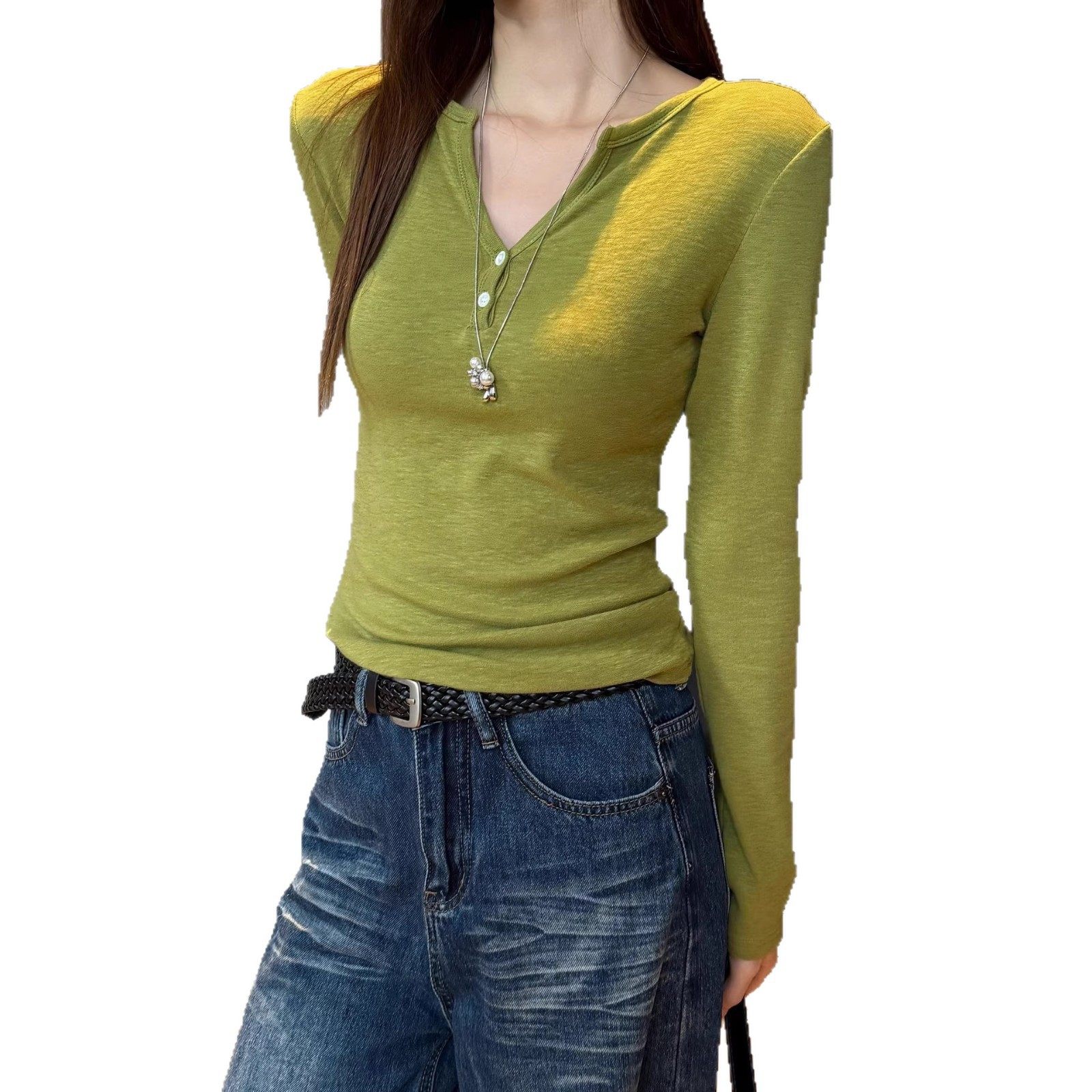 设计款绿色v领长袖t恤女2026新款高级感修身内搭打底衫正肩上衣潮,淘宝优惠券,粉丝福利购,淘宝优惠卷