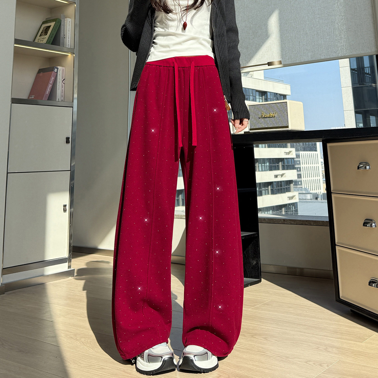 韩版亮钻阔腿裤女春季新款垂感中线直筒裤松弛宽松遮肉两穿休闲裤,淘宝优惠券,粉丝福利购,淘宝优惠卷