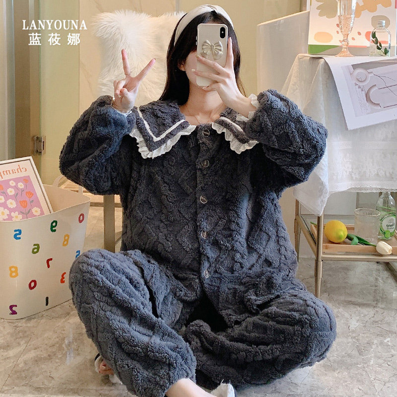 珊瑚绒月子服冬季产后2月份3睡衣 蓝莜娜家居服套装