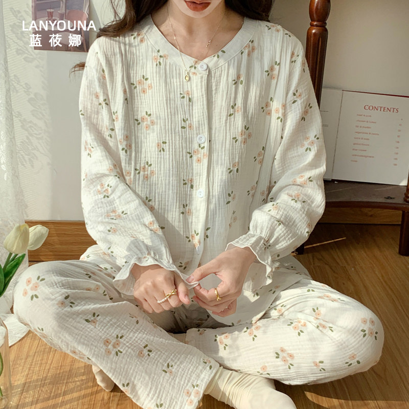 月子服产后纯棉纱布春秋款4睡衣 蓝莜娜家居服套装