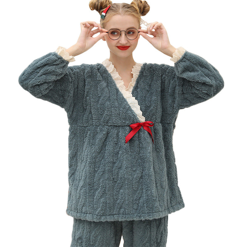 孕妇秋冬季法兰绒月子服加绒10睡衣 蓝莜娜家居服套装