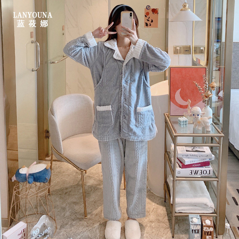 月子服秋冬季10月份11产后加绒睡衣 蓝莜娜家居服套装