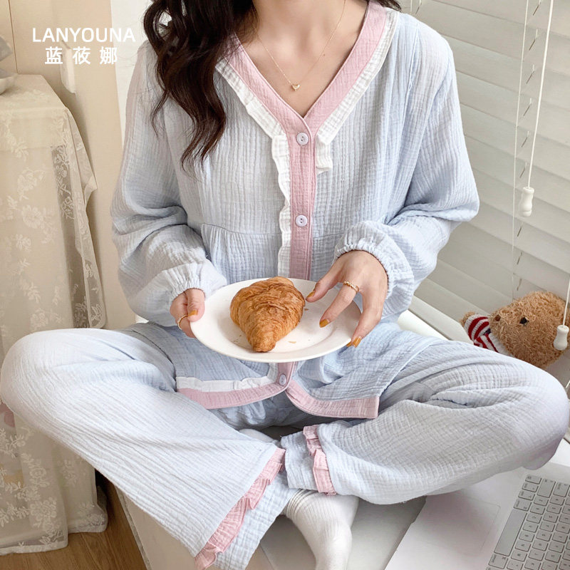 月子服夏季产后纯棉纱布3月份睡衣 蓝莜娜家居服套装