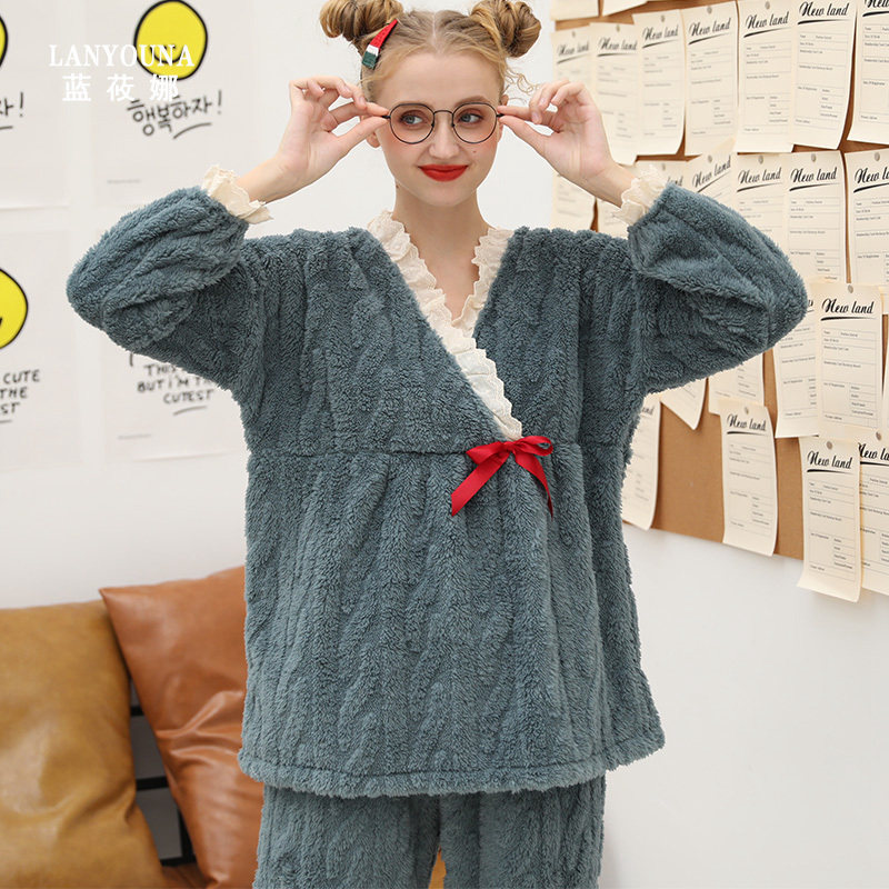 孕妇秋冬季法兰绒月子服加绒10睡衣 蓝莜娜家居服套装