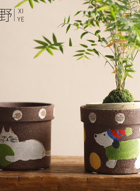 原创手绘卡通猫咪小狗粗陶小花盆