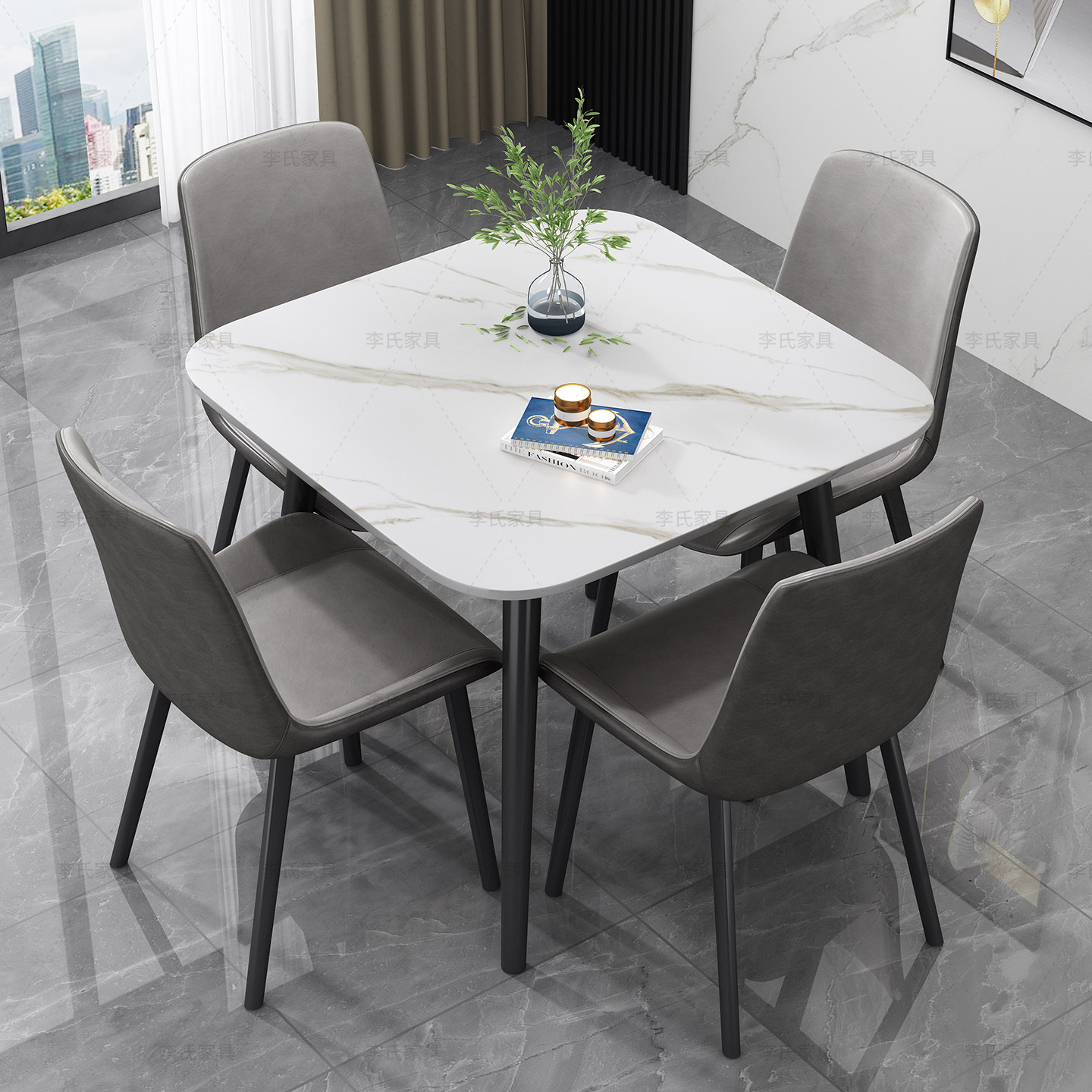 现代简约正方形岩板圆餐桌家用小户型大理石接待洽谈阳台桌椅组合,淘宝优惠券,粉丝福利购,淘宝优惠卷