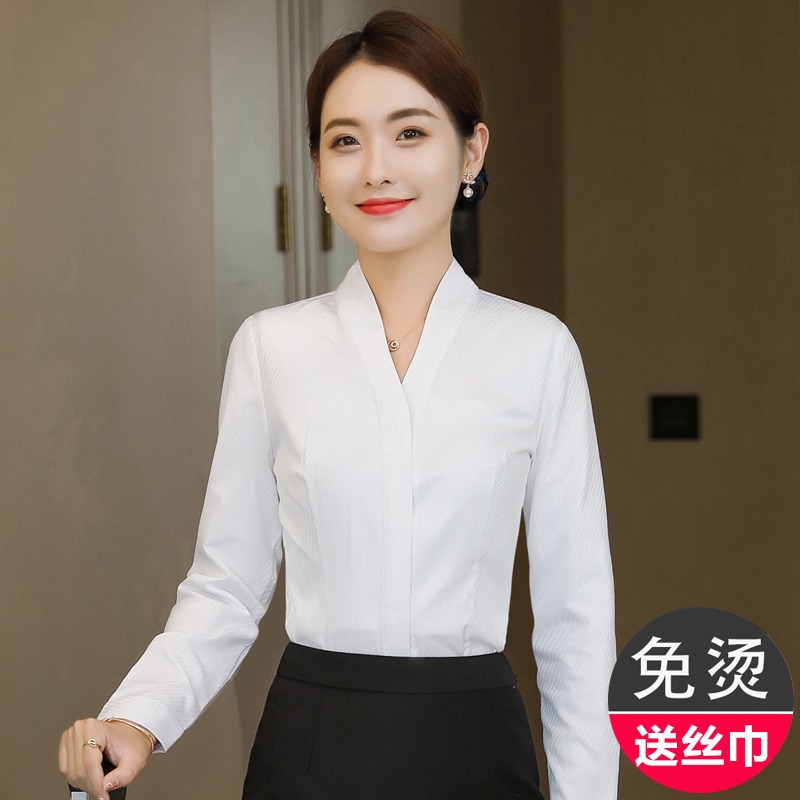 新款南航空姐制服职业装空乘面试V领衬衣正装白衬衫女长袖工作服 - 图0