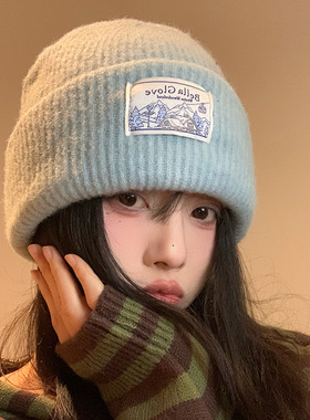 高品质蓝色针织毛线 线帽子女冬季韩系保暖百搭大头围显脸小护耳