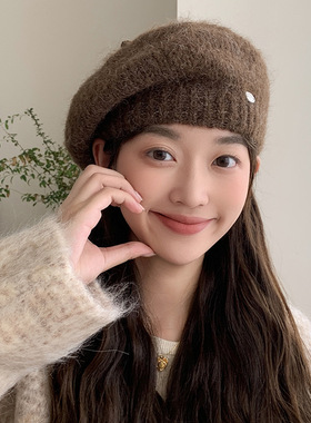黑色针织贝雷帽女秋冬毛绒绒羊毛帽子显脸小毛线帽马海毛画家帽男