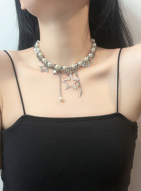 轻奢小众多层叠戴镶珍珠星星流苏锁骨链气质个性辣妹项链配饰女