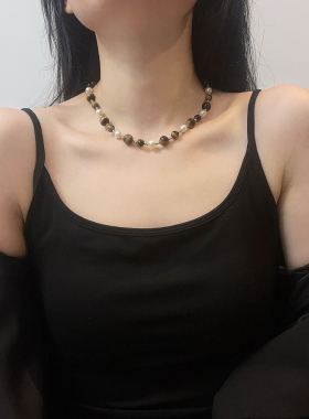 虎眼石珍珠串珠项链独特毛衣链轻奢高级感女秋冬百搭2025新款潮