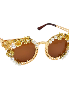 金属花朵珍珠太阳镜个性欧美夸张时尚眼镜网红潮防晒复古茶色墨镜