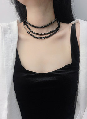 小众设计黑色OT扣复古轻奢气质珍珠流苏叠戴项链长款旗袍毛衣链