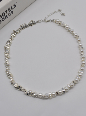 碎银子珍珠拼接项链女精致夸张小众设计感锁骨链同款银针耳环耳饰