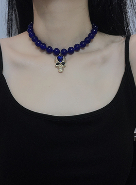 欧美复古不规则树脂串珠项链夸张颈链女骷颅头藏蓝色珍珠项链批发