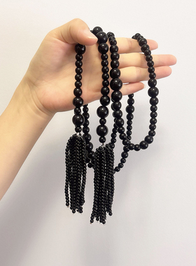 复古国风大小黑色圆珠长款项链
