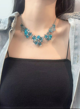轻奢小众独特冰魄蓝水晶花朵项链女锁骨链气质颈链晚礼服配饰