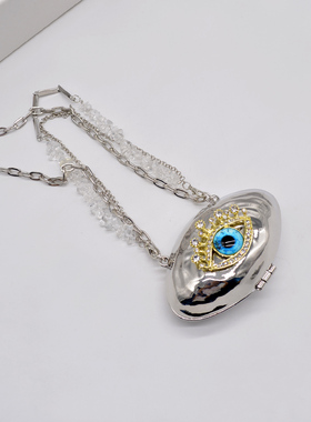 ins风银色金属恶魔之眼贝壳包装饰斜挎链身体背链手提小包包女潮