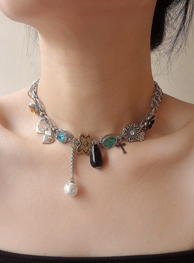 欧美朋克多元素金属链花朵珍珠水滴项链女甜酷辣妹choker锁骨颈链
